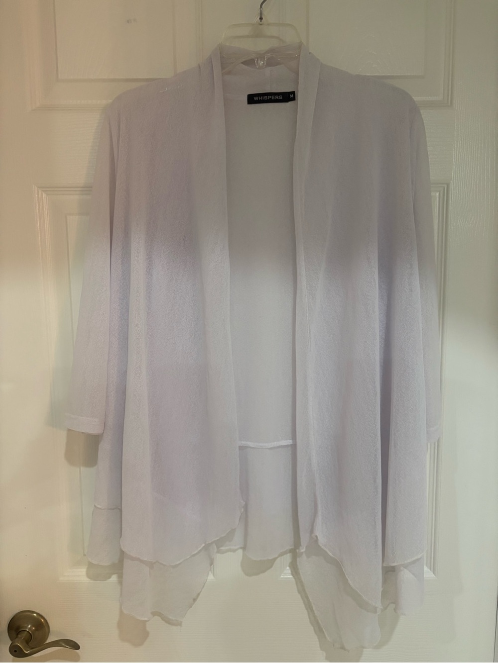 Whispers Women’s M Soft White Sheer Mesh Open Front Cardigan Draped Layered Hem